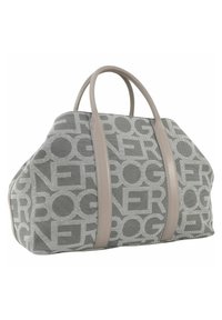 Šedá oversized taška přes rameno vyrobená z texturované tkaniny s velkým potiskem loga. Obsahuje hladké béžové kožené uchy a prostorný design.