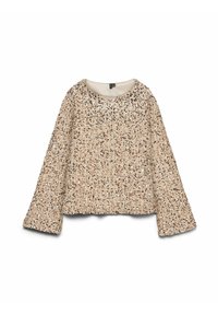 Blusa beige de mangas largas con escote redondo, cubierta de lentejuelas de varios tamaños y colores, con un tejido texturizado y suave.