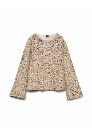 Beige Bluse mit langen Ärmeln und Rundhalsausschnitt, bedeckt mit Pailletten in verschiedenen Größen und Farben, aus einem strukturierten, weichen Stoff gefertigt.