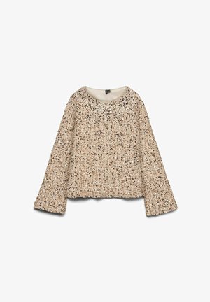 Beżowa bluzka z długim rękawem i okrągłym dekoltem, pokryta cekinami w różnych rozmiarach i kolorach, z teksturowanym, miękkim materiałem.