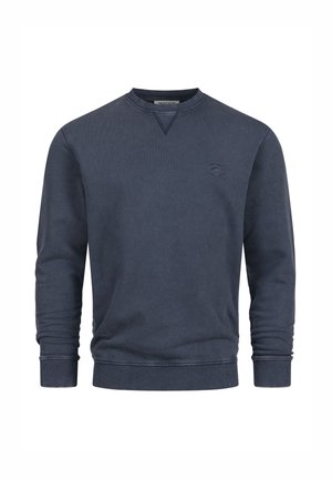 Sweat-shirt bleu marine à col rond avec manches longues, poignets et ourlet côtelés, et un logo brodé discret sur le côté gauche de la poitrine.