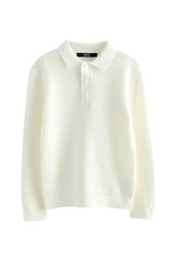 Polo a maniche lunghe bianco realizzato in tessuto a maglia testurizzata, con collo a camicia e patta con tre bottoni.