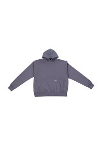 Grauer Baumwoll-Hoodie mit einer Fronttasche, gerippten Bündchen und Saum. Mit einer Kapuze mit Kordelzug und einem kleinen Logo auf der Tasche.