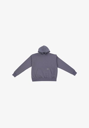 Grauer Baumwoll-Hoodie mit einer Fronttasche, gerippten Bündchen und Saum. Mit einer Kapuze mit Kordelzug und einem kleinen Logo auf der Tasche.