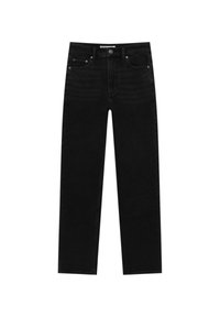 Černé džíny z denimu se rovný střih, pěti kapsami a knoflíkovým zapínáním. Materiál má mírně ztrhanou texturu.