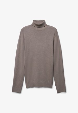 Grauer Rollkragenpullover aus weichem Strickmaterial, mit langen Ärmeln und einem gerippten Kragen, mit einer einfachen, glatten Textur.