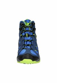 Blue and black high-top shoe with lime green accents, featuring a textured upper, contrasting laces, and a rugged sole for traction.