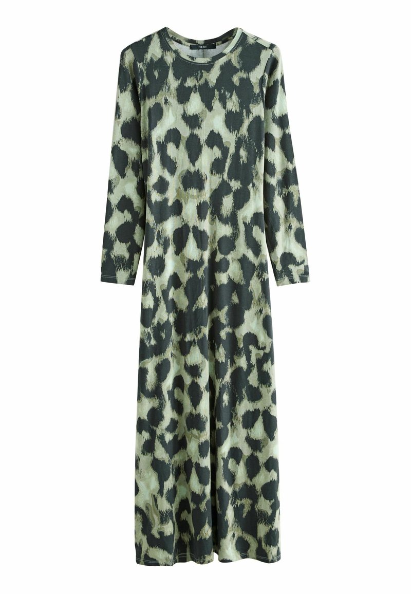 Robe longue à manches longues avec imprimé léopard abstrait vert et noir et col rond.