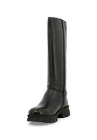 Stivale alto in pelle nera con finitura liscia, zip laterale, punta rotonda e suola robusta per una migliore aderenza.