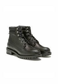 Bottines en cuir noir avec un bout arrondi, un design à lacets, des œillets en argent, un col rembourré et une semelle en caoutchouc texturé.