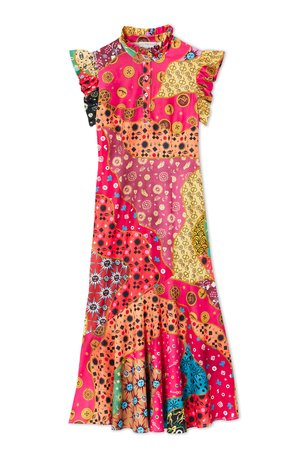 Multicolored dress with short frill sleeves, a high neckline, and a fitted bodice; features varied patterns and textures in red, gold, and blue.