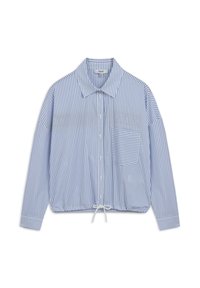 Camisa de botones con rayas verticales azules y blancas, con un bolsillo en el pecho, cuello y dobladillo con cordón elástico para un ajuste ajustable.