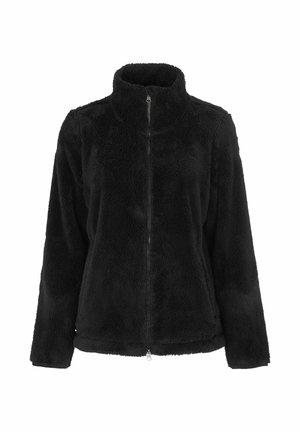 Schwarze Fleecejacke mit hohem Kragen, vollem Reißverschluss und weich strukturiertem Außenmaterial. Verfügt über lange Ärmel und ein entspanntes Schnittdesign.