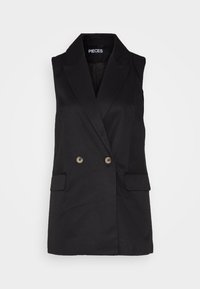 Blazer noir sans manches avec col à revers, boutons double boutonnage et deux poches à rabat de la marque Pieces.