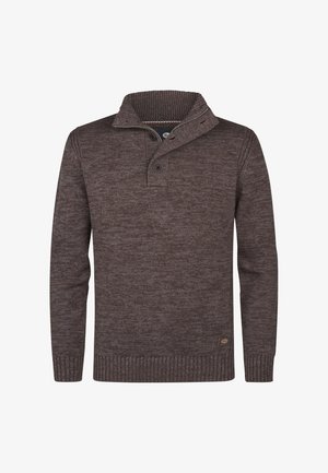 Maglione a maglia marrone con polsini e orlo a coste, colletto rialzato con chiusura a pulsante e cerniera.