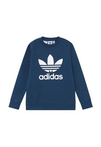 Mörkblå sweatshirt i bomull med en stor vit Adidas-logotyp med trefoil-design på bröstet samt ribbade ärmslut och nederkant.