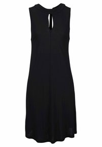 Sleeveless black knee-length dress with a small keyhole cutout and collar at the neckline, made of soft, lightweight fabric.