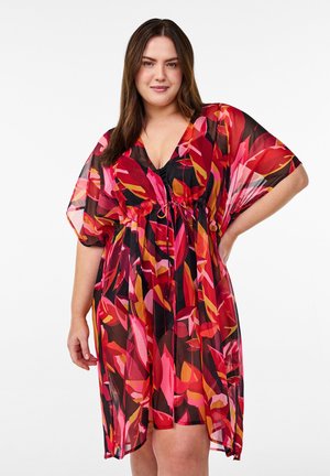 Vestido corto y ligero con un patrón floral en tonos rojos, rosas y naranjas sobre un fondo negro. Escote en V y cintura con cordón.