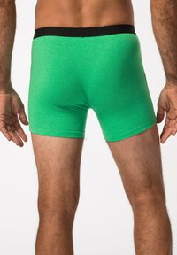 Boxer da uomo in cotone verde con cintura nera. Tessuto liscio, design aderente e lunghezza fino a metà coscia, mostrando i dettagli sul retro.