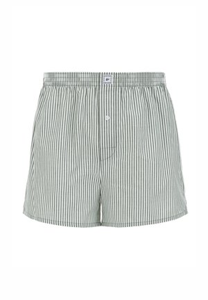 Boxershorts in groen en witte verticale stripes, gemaakt van lichtgewicht stof. Beschikt over een elastische tailleband en een enkele voorknop.