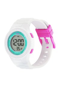 Orologio digitale con cinturino in silicone bianco, quadrante turchese e dettagli rosa. Le caratteristiche includono un display digitale e resistenza all'acqua fino a 100 metri.
