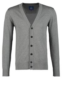 Cardigan gris pour homme avec col en V, manches longues et six boutons noirs à l'avant.
