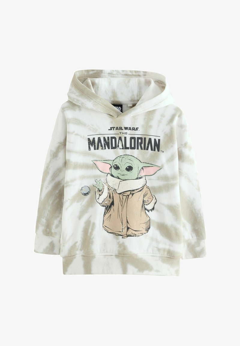 Sweat à capuche tie-dye beige clair avec un graphique de Baby Yoda de Star Wars The Mandalorian portant un manteau marron et tendant la main vers une orbe flottante.