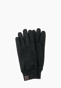 Schwarze Handschuhe aus weichem Stoff, mit einem gerippten Bündchen, glatter Oberfläche und dezenten Nähten auf der Rückseite.