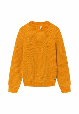 Pull en tricot jaune moutarde à manches longues avec poignets, ourlet et encolure ronde côtelés, présentant des motifs tricotés verticaux et diagonaux texturés.