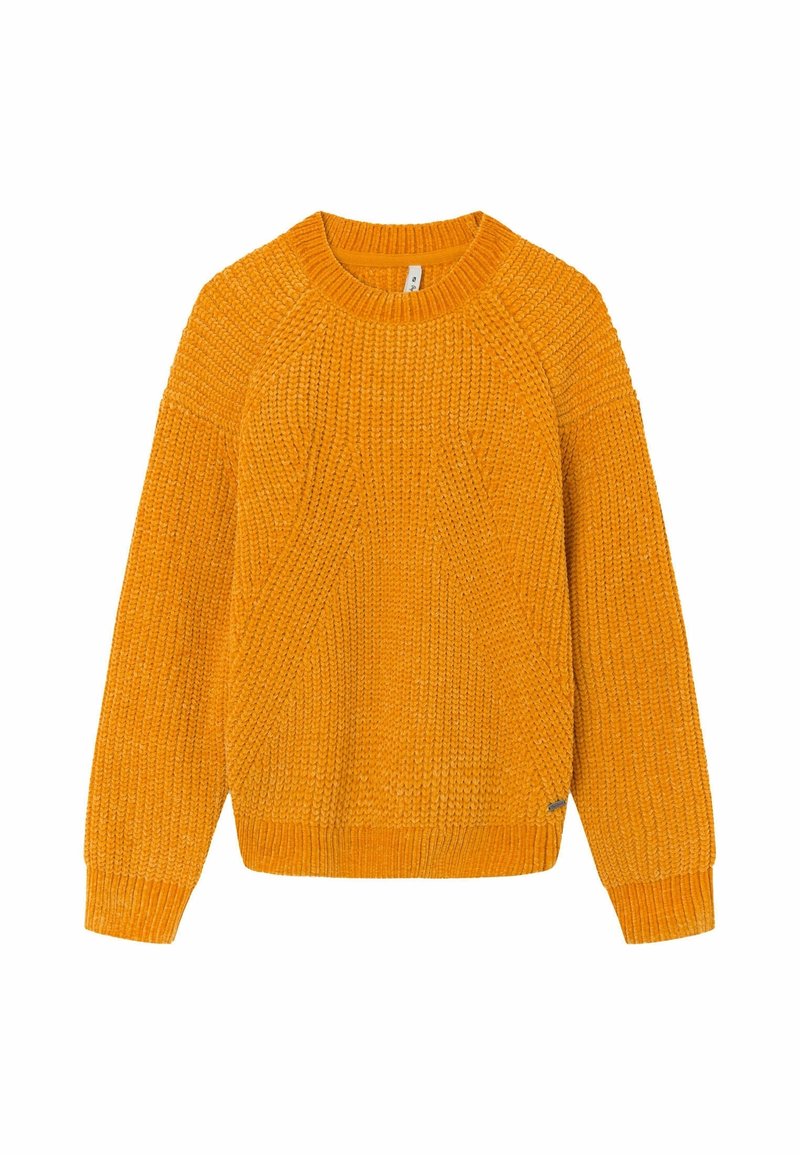 Pull en tricot jaune moutarde à manches longues avec poignets, ourlet et encolure ronde côtelés, présentant des motifs tricotés verticaux et diagonaux texturés.