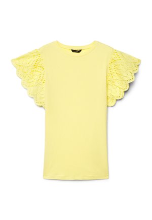 Top giallo a maniche corte con scollo rotondo e maniche svolazzanti con motivo a occhiello smerlato.