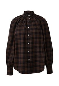 Lange mouwen bruine geruite blouse met een gerimpelde kraag, voorzien van witte knopen aan de voorkant en gathered manchetten. Zacht stof met een gestructureerde uitstraling.