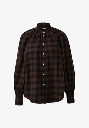 Ilgos rankovės rudos langelių marškiniai su raukšlėta apykakle, priekyje su baltais mygtukais ir susiraukšlėjusiomis rankovėmis. Minkšta medžiaga su tekstūruota išvaizda.