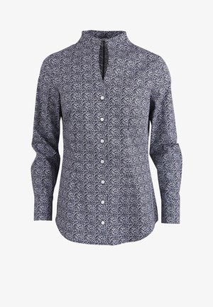 Long-sleeve blouse in navy with a floral pattern, mandarin collar, front keyhole, and button closure along the placket. Soft fabric texture.