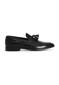 Schwarze Leder Slipper mit einem Quasten-Design, glatter Textur, flacher Sohle und einer eleganten, spitzen Zehenform.
