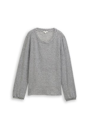 Langärmeliges Sweatshirt mit Rundhalsausschnitt in Hellgrau und einem Rautenmuster in Dunkelgrau. Verfügt über geraffte Ärmel und einen weichen, strukturierten Strick.