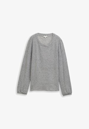 Langärmeliges Sweatshirt mit Rundhalsausschnitt in Hellgrau und einem Rautenmuster in Dunkelgrau. Verfügt über geraffte Ärmel und einen weichen, strukturierten Strick.