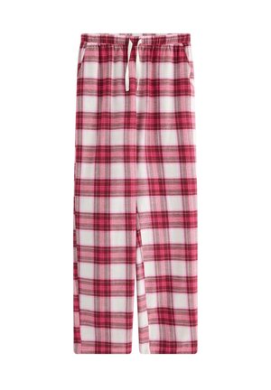 Rød- og hvidternet pyjamabukser med elastisk talje og snøre, lavet af blødt stof med en glat tekstur.