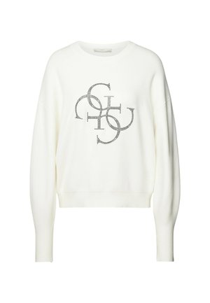 Felpa bianca con finitura testurizzata a costine. Presenta un design del logo centrale in strass neri. Vestibilità ampia con maniche lunghe e affusolate.