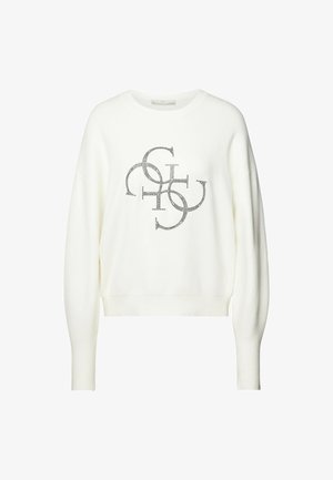 Felpa bianca con finitura testurizzata a costine. Presenta un design del logo centrale in strass neri. Vestibilità ampia con maniche lunghe e affusolate.