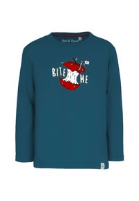 Langärmliges, tealfarbenes Baumwollhemd mit einem roten Apfelgrafik, einem Wurm und dem Text "BISS MICH" in Weiß und Schwarz.