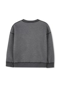 Sweatshirt gris avec un col ras du cou, des manches longues et des coutures contrastantes. Présente une texture douce et une coupe décontractée.