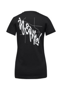 Sort bomulds T-shirt med et hvidt abstrakt grafisk design på ryggen, med buede linjer og geometriske mønstre. Klassisk crew neck stil.