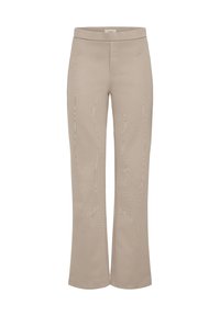 Pantaloni beige a palazzo con una texture liscia, dotati di un ampio elastico in vita e dettagli cuciti sottili, progettati per comfort e versatilità.