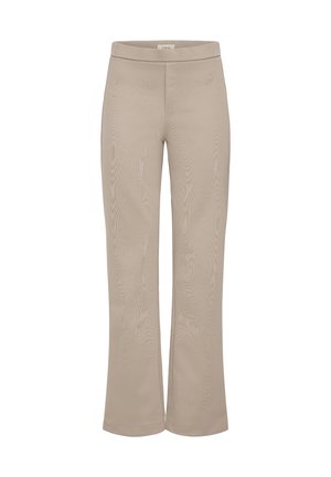 Pantaloni beige a palazzo con una texture liscia, dotati di un ampio elastico in vita e dettagli cuciti sottili, progettati per comfort e versatilità.