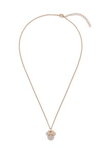 Collana in oro rosa con una delicata catena e un pendente caratterizzato da un design di Minnie Mouse, decorato con strass trasparenti e un accento a forma di fiocco.