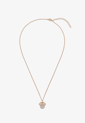 Halskette aus rosévergoldetem Material mit einer zarten Kette und einem Anhänger im Minnie Mouse Design, verziert mit klaren Strasssteinen und einem Schleifenakzent.