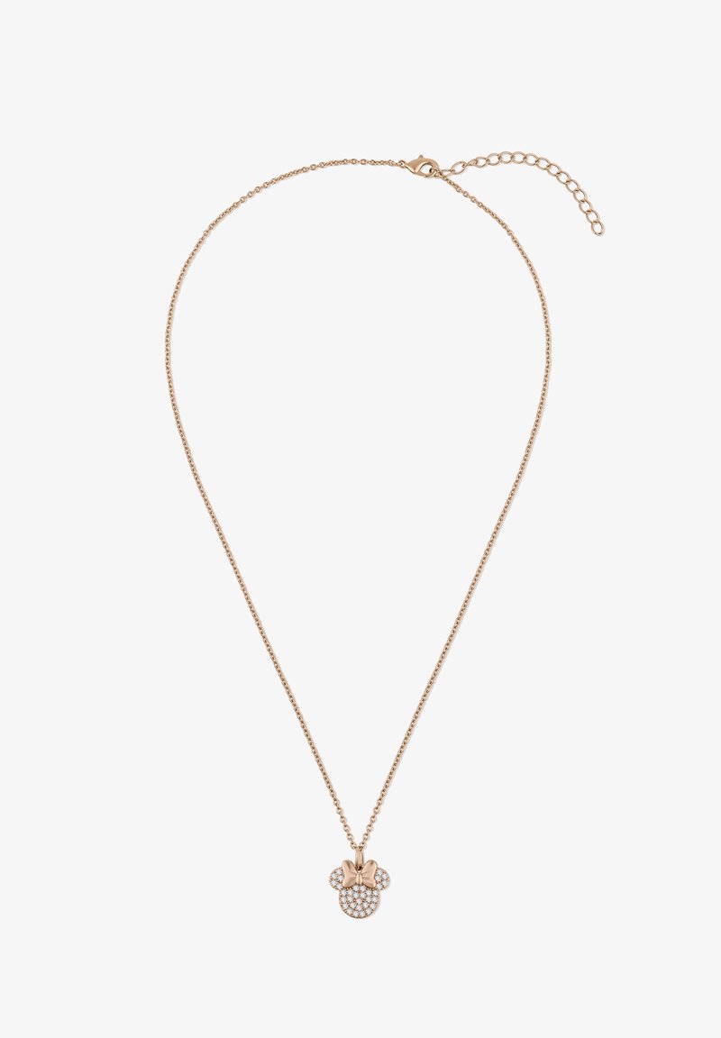 Collana in oro rosa con una delicata catena e un pendente caratterizzato da un design di Minnie Mouse, decorato con strass trasparenti e un accento a forma di fiocco.