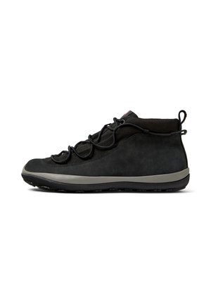 Black high-top sneaker featuring a textured upper, curved sole, and decorative laces, displayed from the side on a white background.