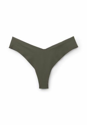 Olivgrüner nahtloser Damen-String mit einem V-förmigen Bund auf weißem Hintergrund.